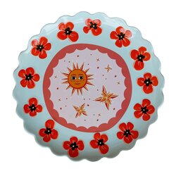 Grote ronde schaal blauw met klaprozen