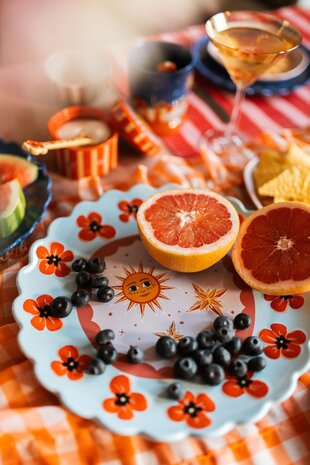 Grote ronde schaal blauw met klaprozen