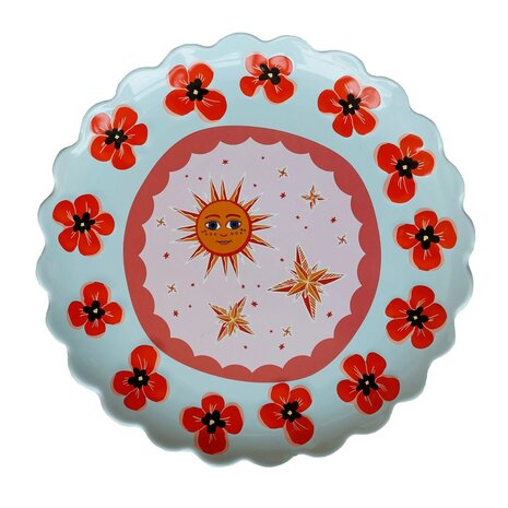 Grote ronde schaal blauw met klaprozen